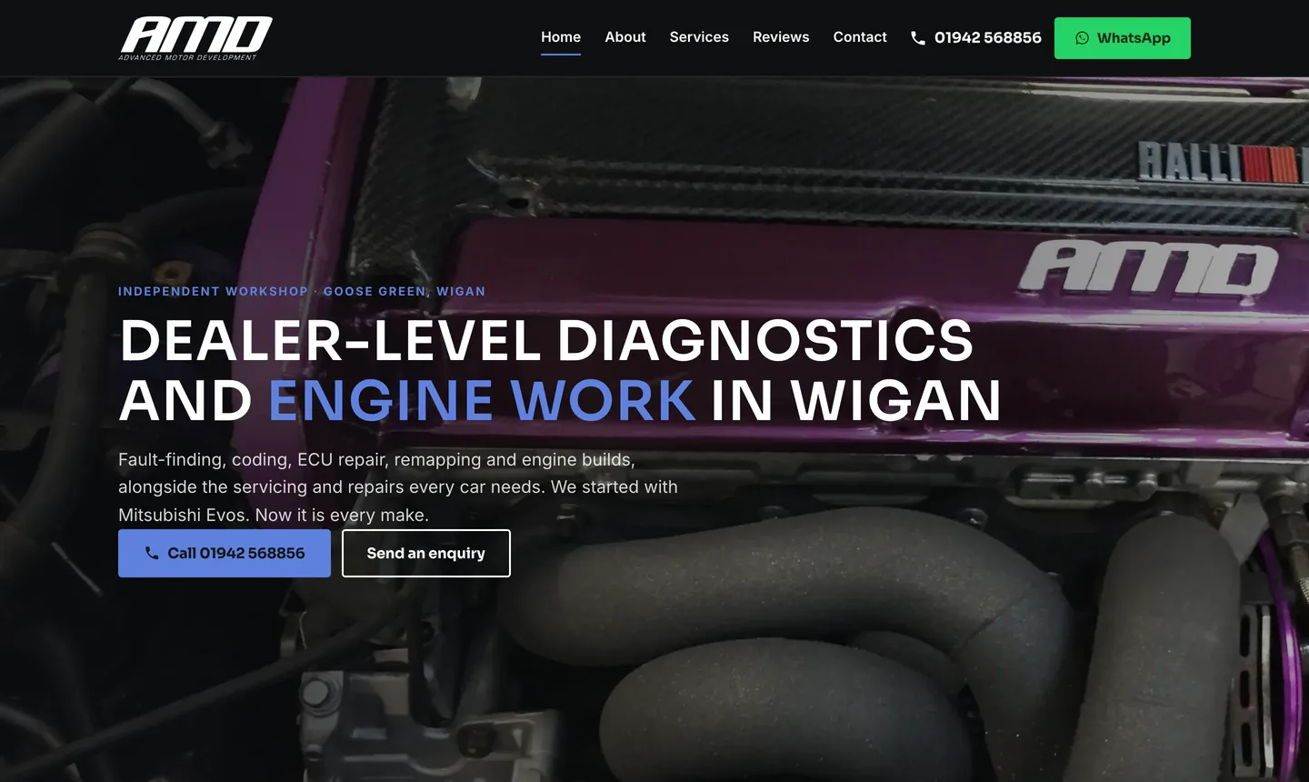The Advanced Motor Developments website’s home page on a laptop