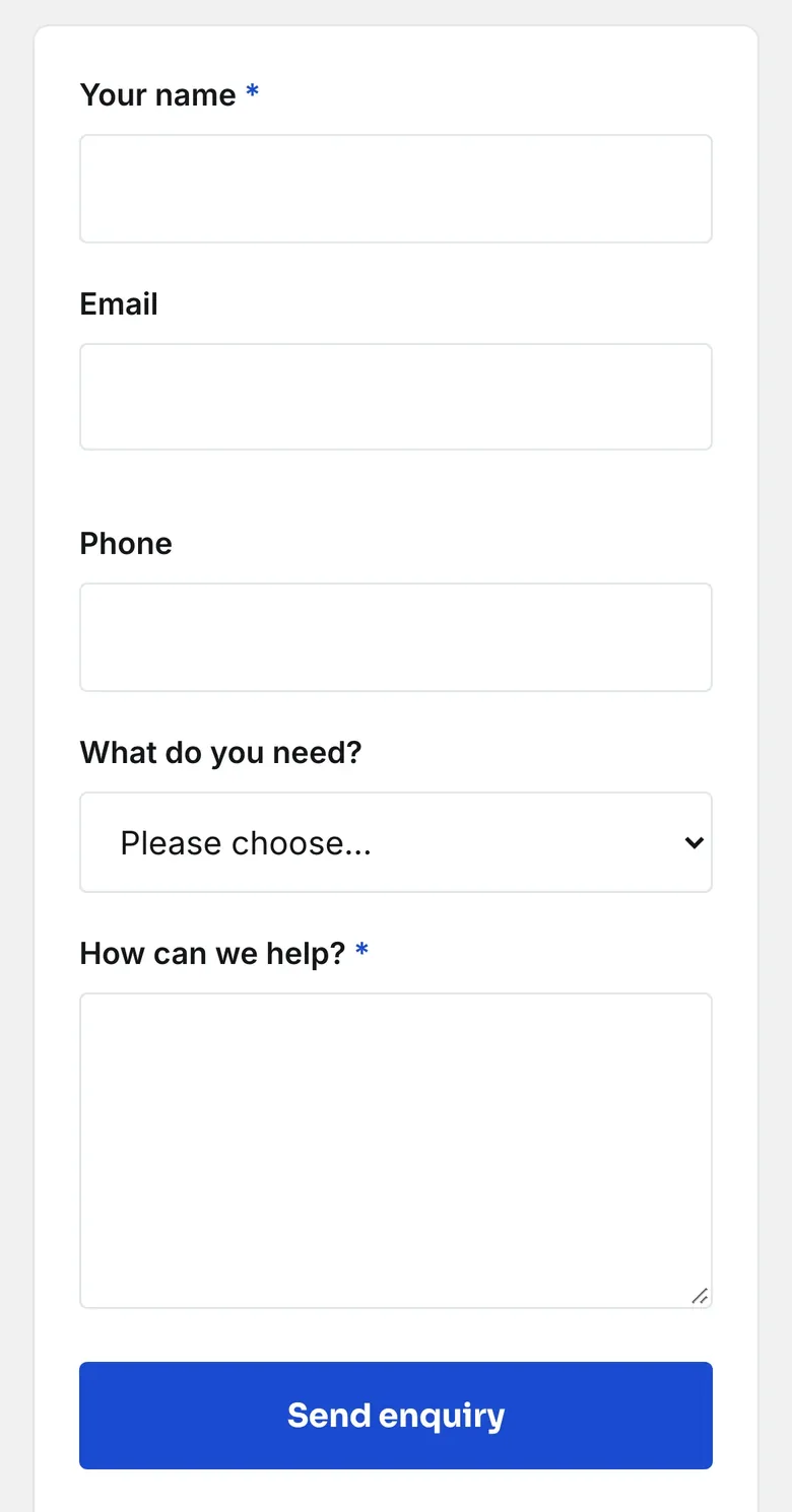 The enquiry form on the Contact page, on a phone: name, email, phone, what you need and how they can help