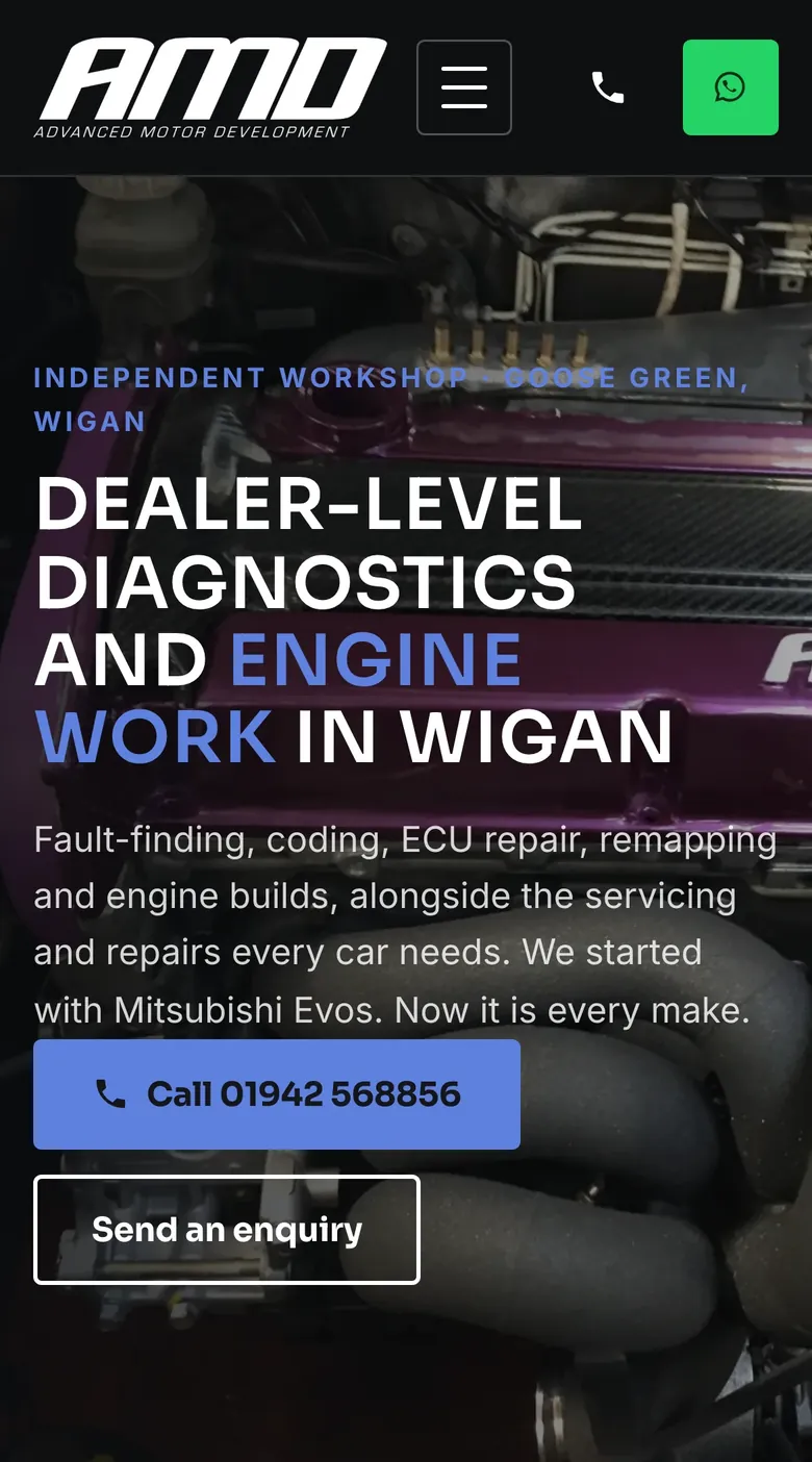 The Advanced Motor Developments website’s home page on a phone