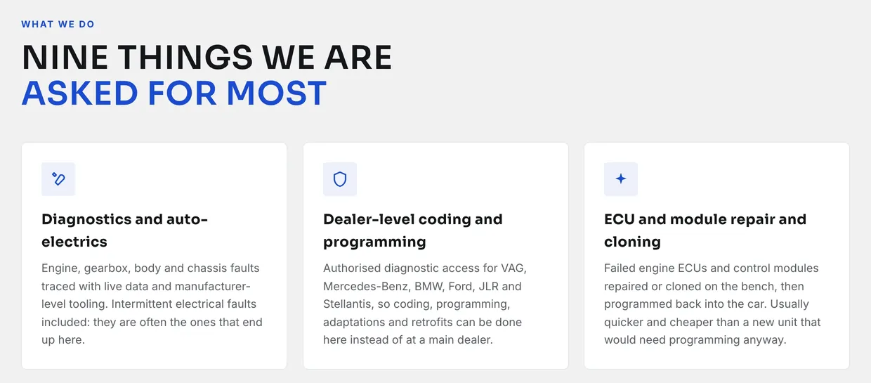Nine things we are asked for most, on the Services page: the first three services, each with a few lines