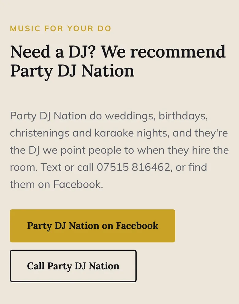 The Party DJ Nation band on a phone, with buttons to their Facebook page and to call them
