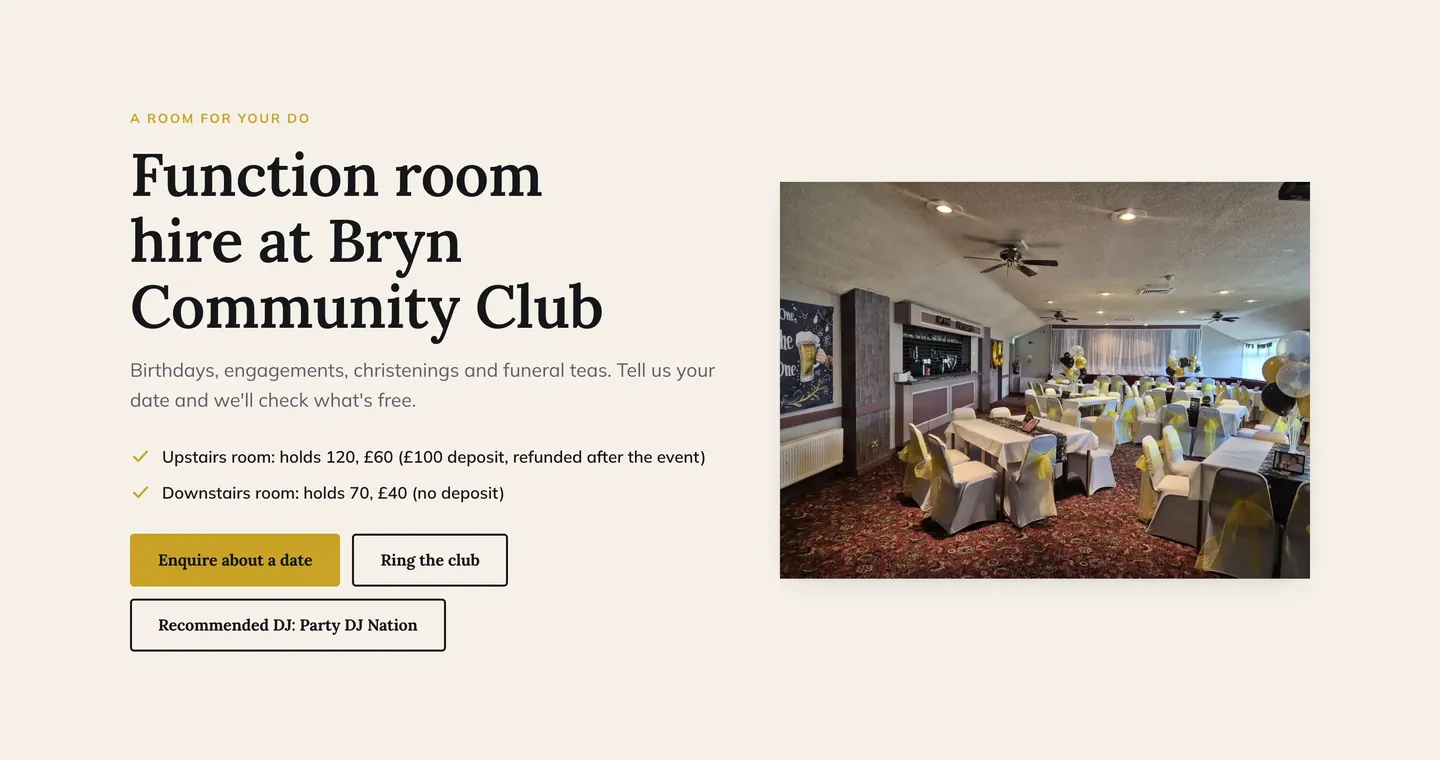 The top of the club’s function room page: both rooms, what they hold and cost, and buttons to enquire or ring