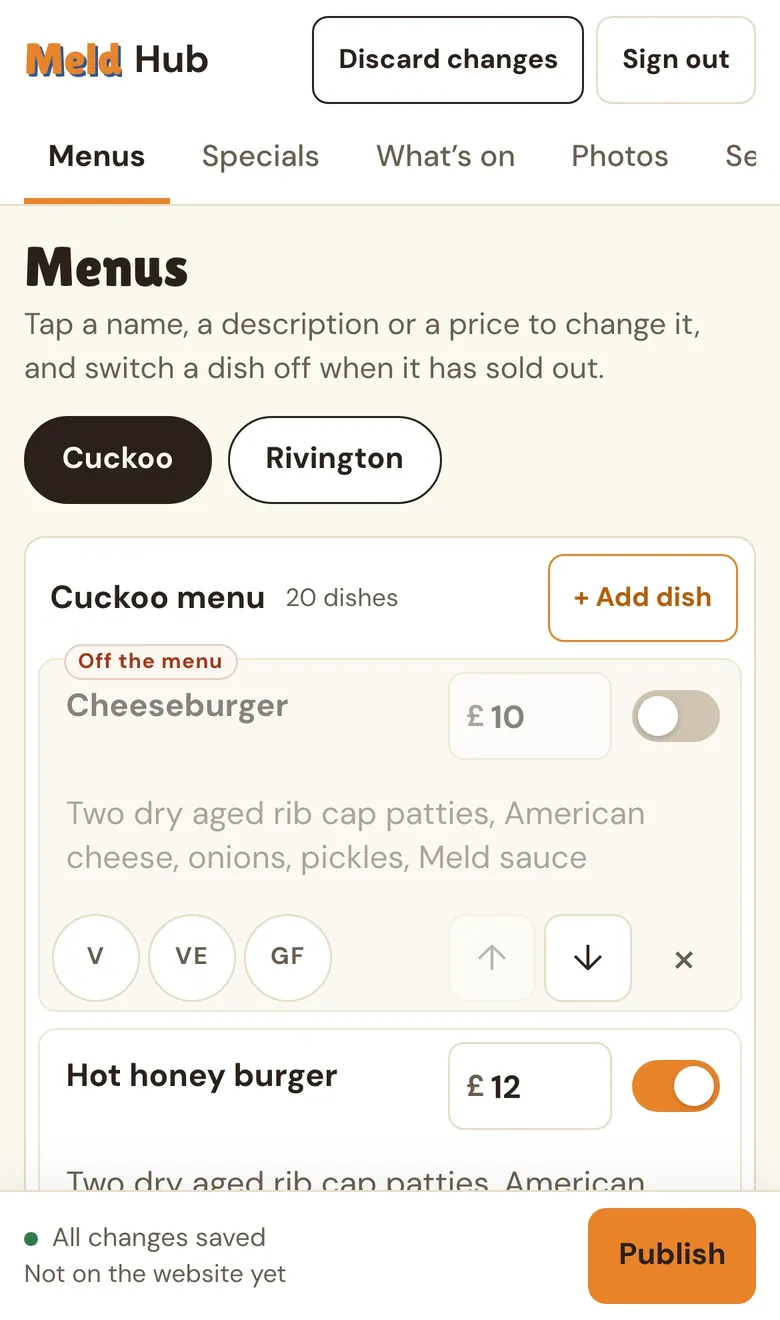 The Meld Hub’s Menus screen on a phone: the Cuckoo and Rivington buttons, the Cuckoo menu with a cheeseburger switched off, and Publish