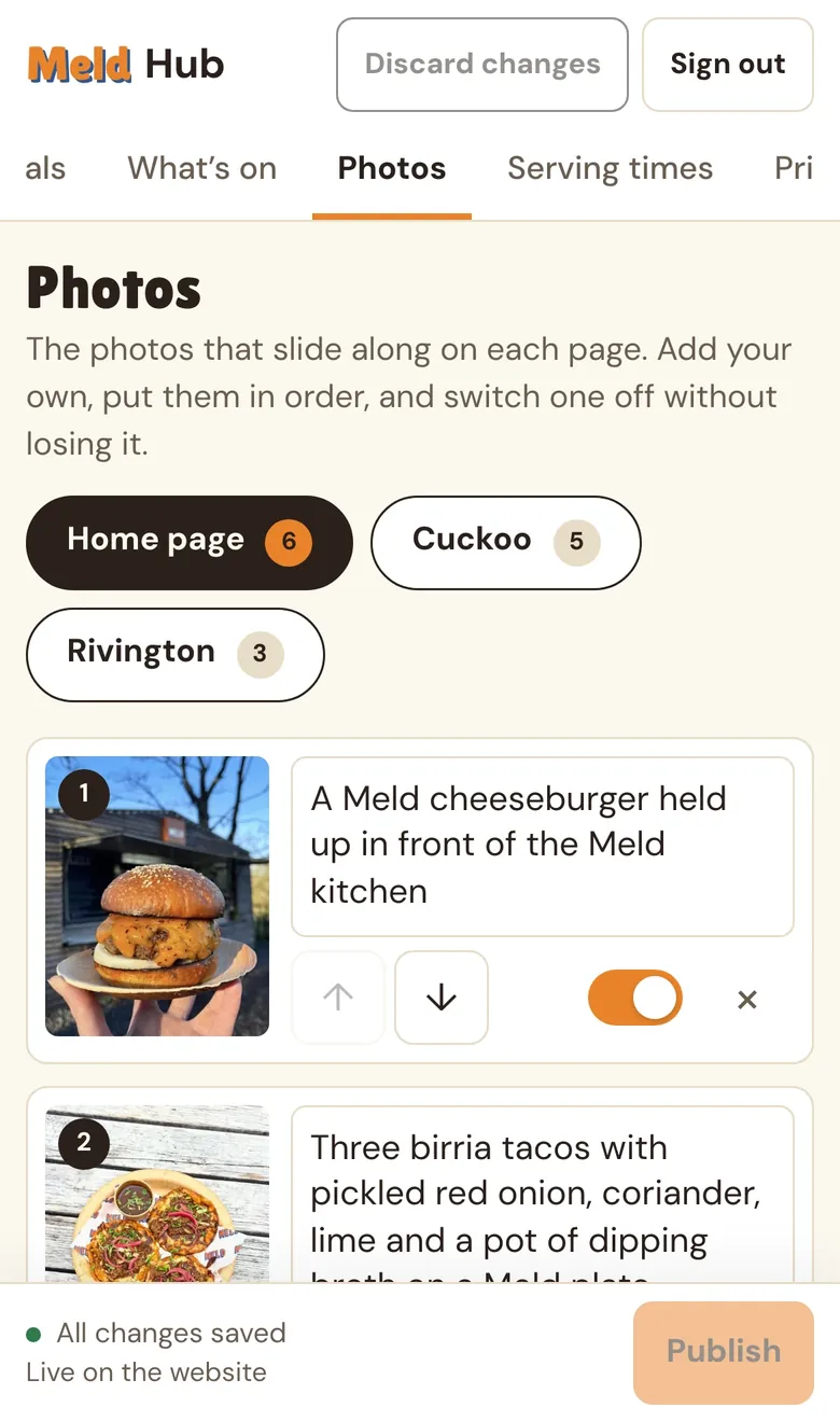 The Meld Hub’s Photos screen on a phone: the front page, Cuckoo and Rivington, and the first two photographs with their descriptions and switches