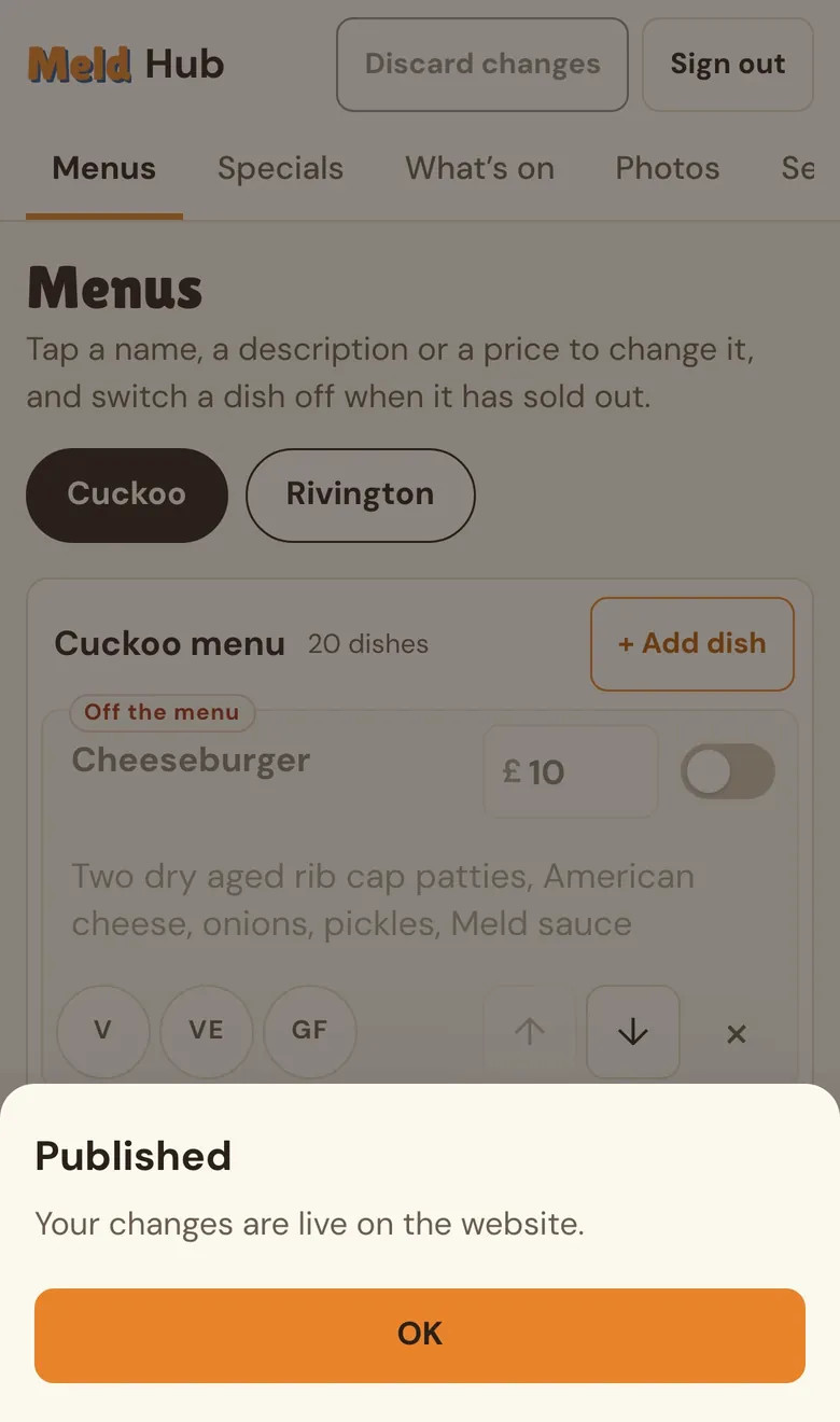 The Meld Hub on a phone after a tap on Publish: Published. Your changes are live on the website.