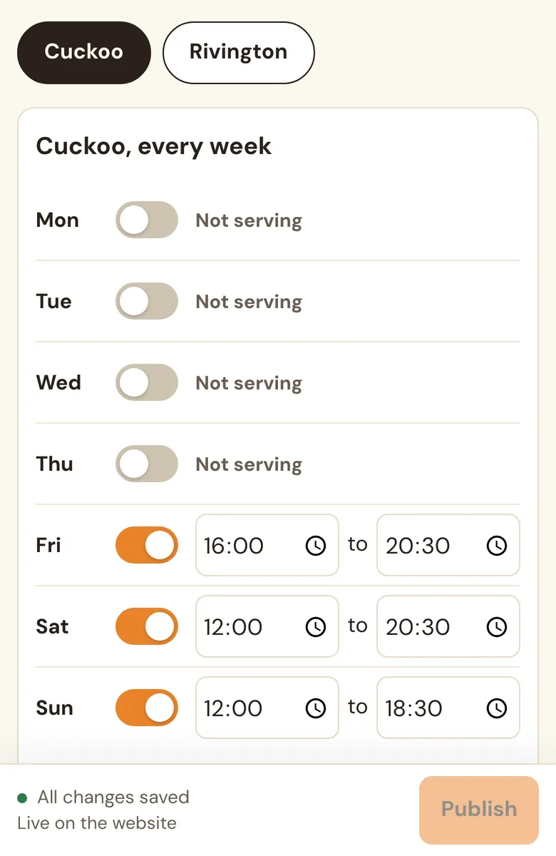 The Meld Hub’s Serving times screen on a phone: Cuckoo’s week, serving Friday, Saturday and Sunday