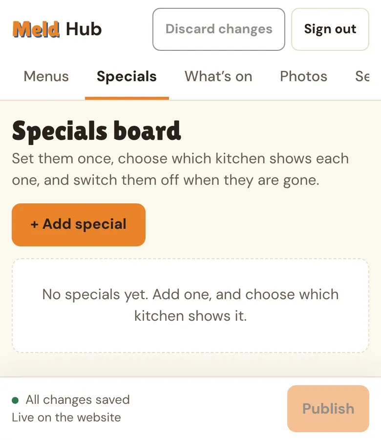 The Meld Hub’s Specials board on a phone: Add special, and an empty board