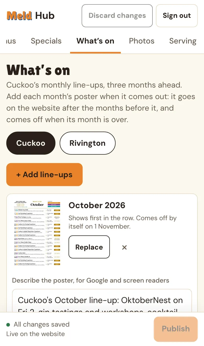 The Meld Hub’s What’s on screen on a phone: Cuckoo’s monthly line-ups, with the October poster, Replace and its description