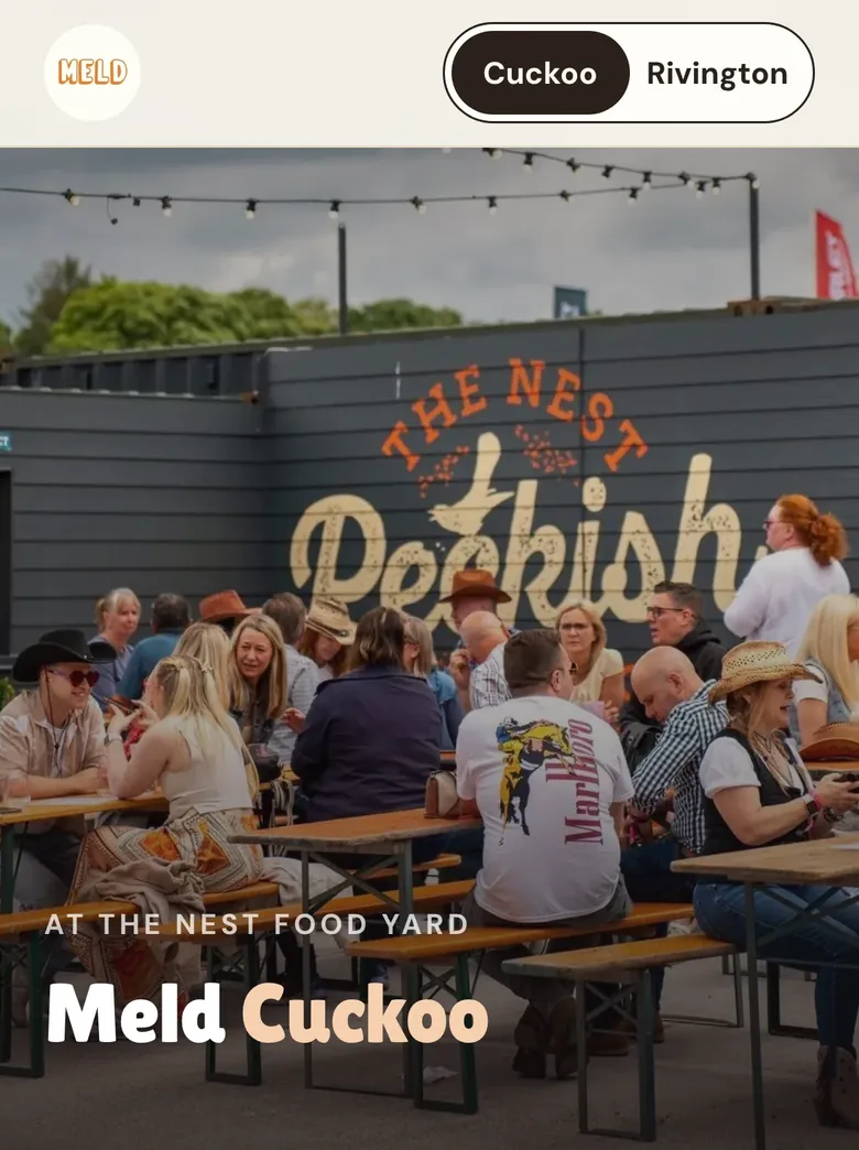 The top of Meld’s Cuckoo page on a phone: the Cuckoo and Rivington switch in the header, over a photograph of The Nest food yard