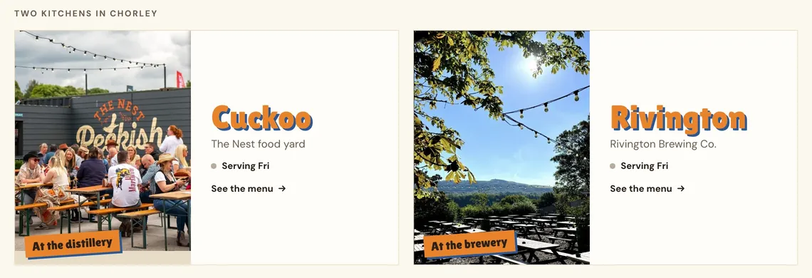 The two kitchen tiles on Meld’s front page: Cuckoo at The Nest food yard and Rivington at Rivington Brewing Co., each with its next serving day and See the menu
