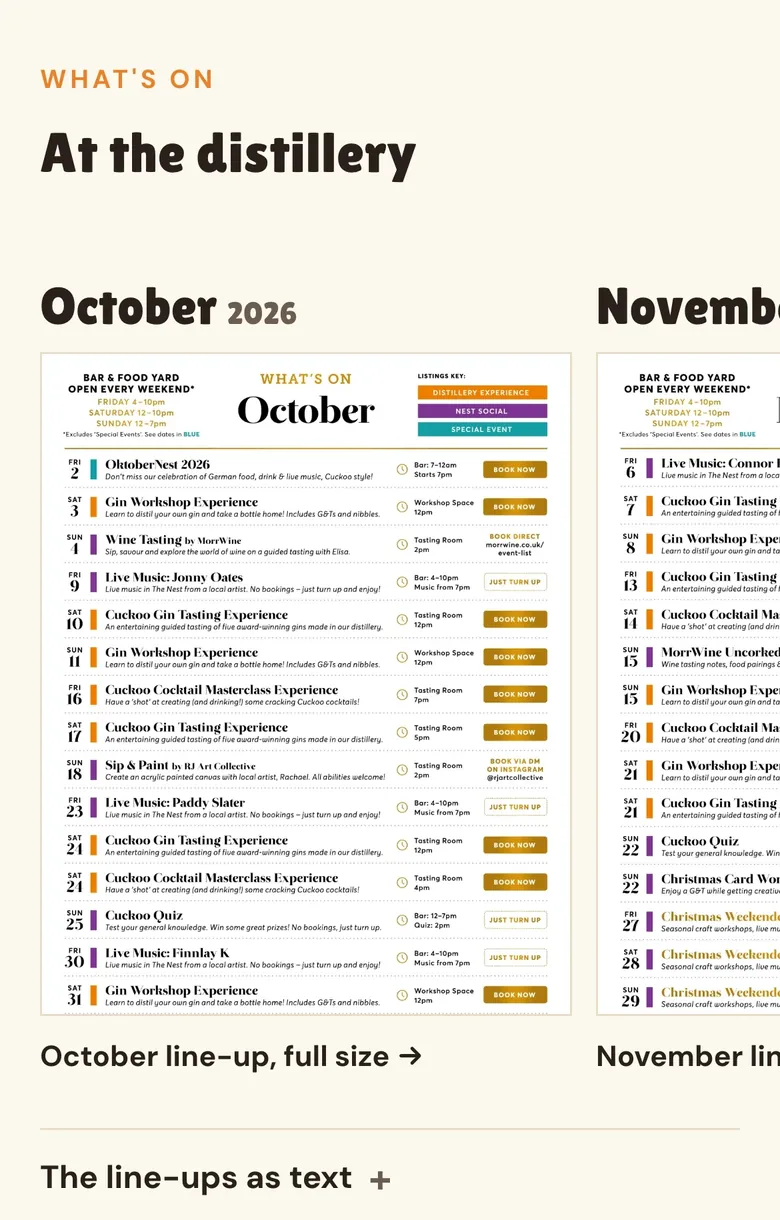 Cuckoo’s What’s on on a phone: the October and November line-up posters in a row, with October line-up, full size and The line-ups as text