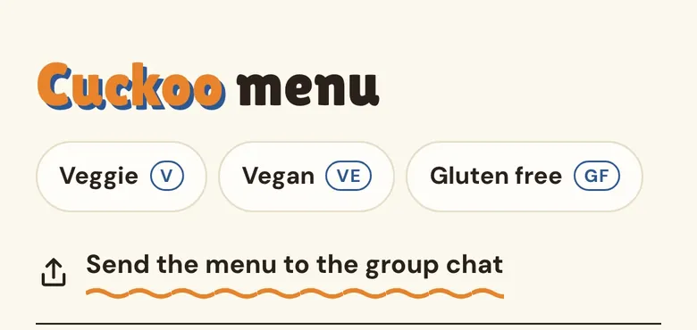 The top of the Cuckoo menu on a phone: Veggie, Vegan and Gluten free buttons, and Send the menu to the group chat