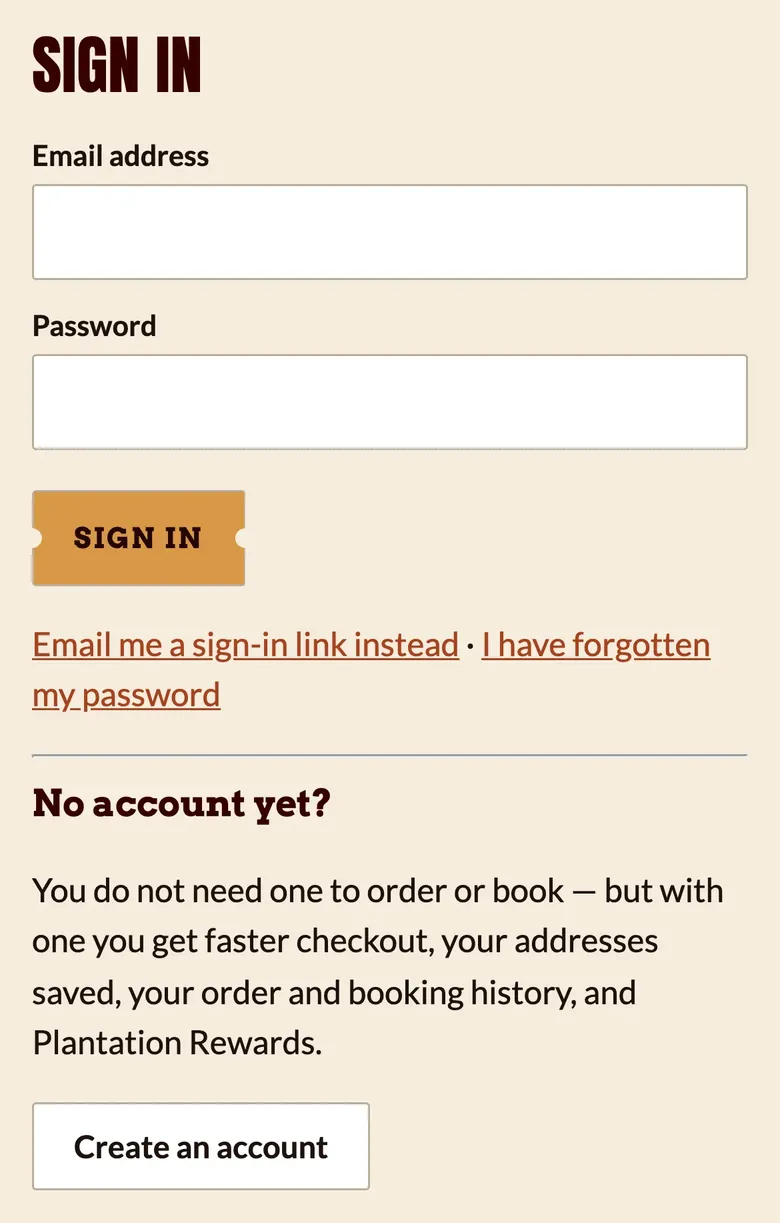 Plantation’s sign-in page on a phone, with the No account yet? panel