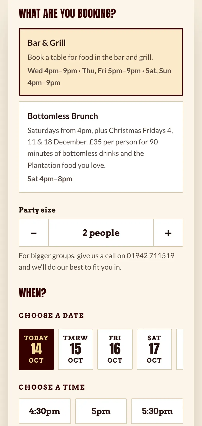 Plantation’s Book a Table page on a phone: Bar & Grill or Bottomless Brunch, the party size, a strip of dates and the first times