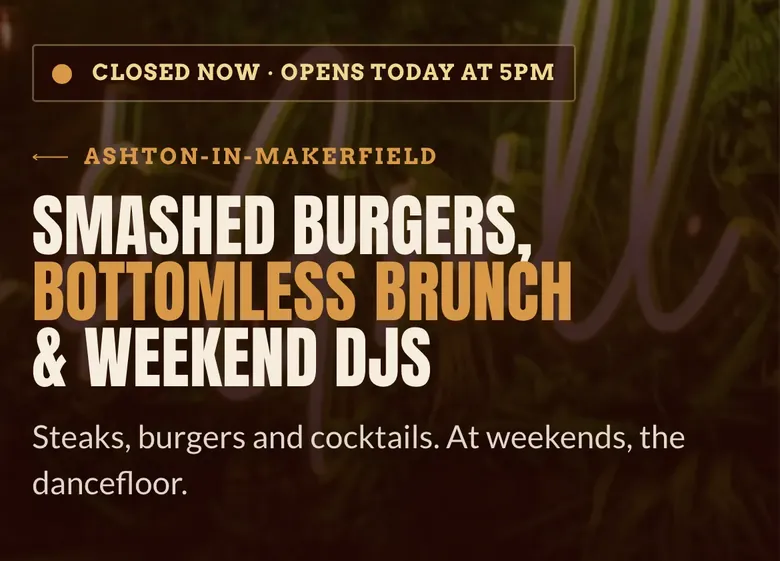 The top of Plantation’s home page on a phone, with the line saying it is closed now and opens today at 5pm