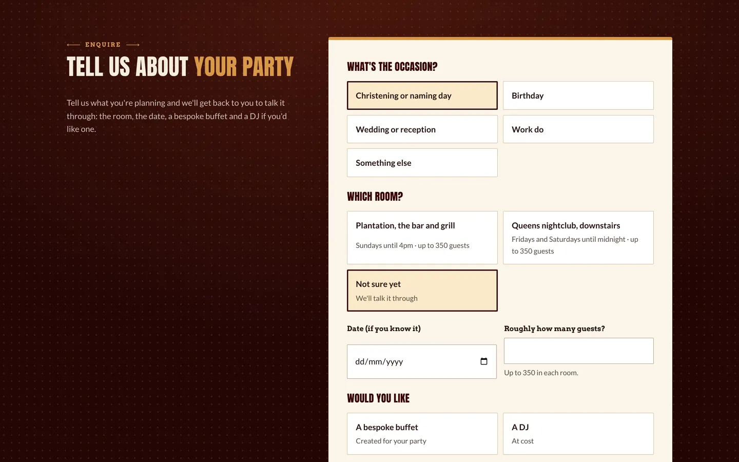 Plantation’s venue hire enquiry form on a laptop: the occasion, the room, the date, the guests, and a buffet or a DJ